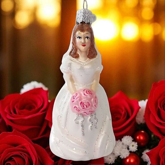 Old World Christmas Bride Ornament Brunette White Dress Roses Vintage Glass OWC - Picture 10 of 15